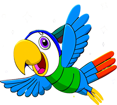 A brightly coloured cartoon parrot surrounded by stars